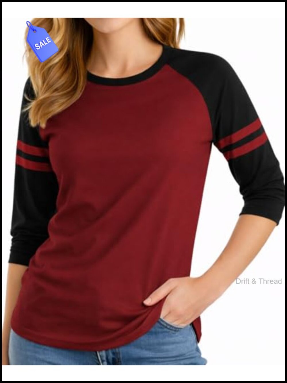 Womens Striped Raglan Tee 3/4 Sleeve Baseball Jersey Style Top
